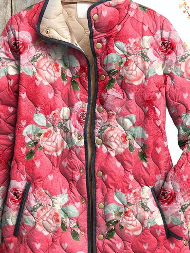 Delightful Pink Floral Quilted Jacket for Women
