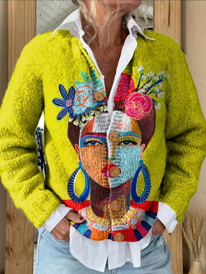 Freda Portrait Oil Painting Print Button-Front Cardigan Sweater