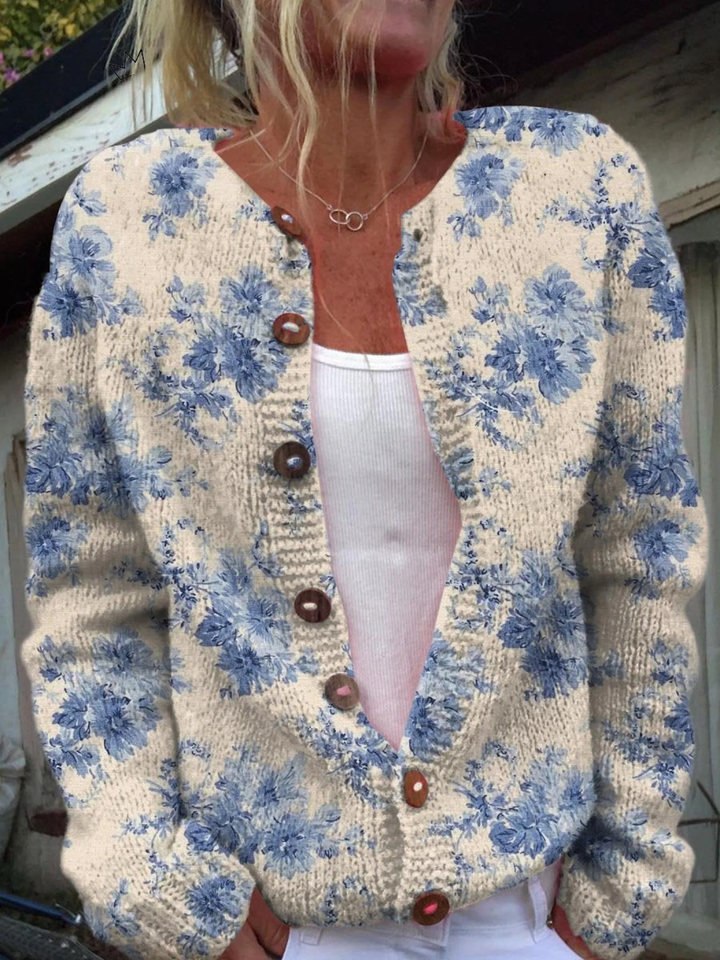 Women's Floral Art Print Button-Front Cardigan Sweater