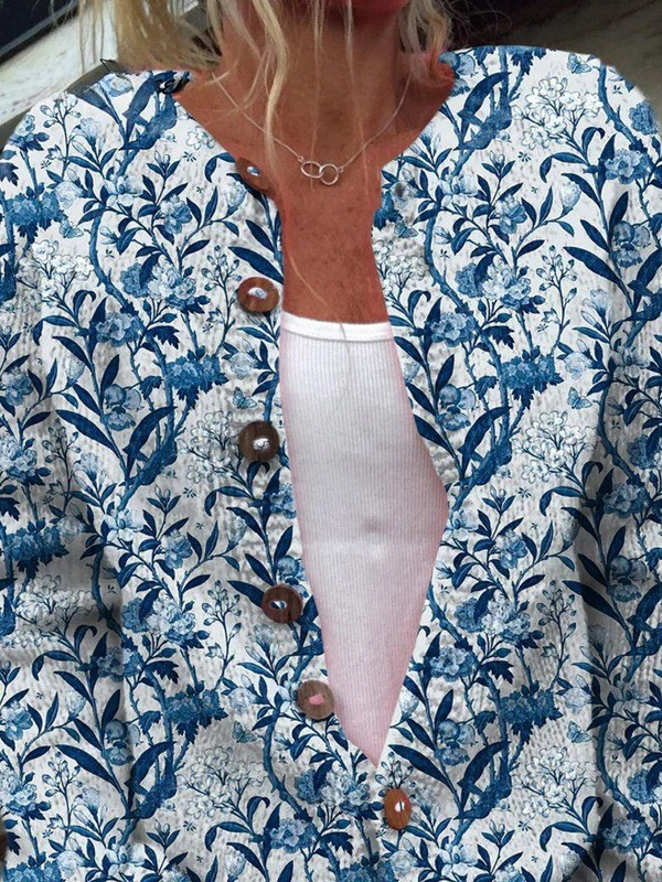 Blue & White Floral Print Button-Up Cardigan Sweater