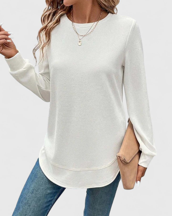 Hannah’s Waffle Knit O-Neck Long Sleeve Top