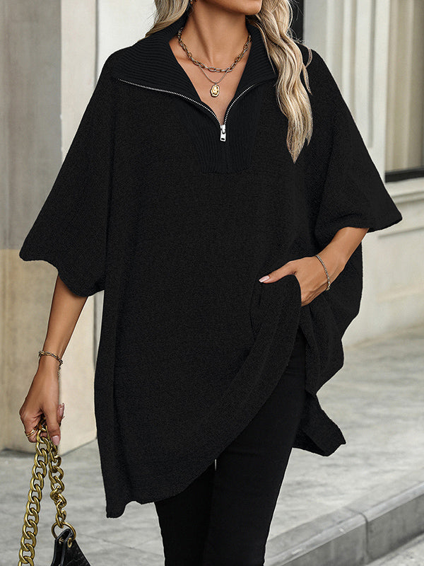 Olivia Zip Collar Knit Sweater Poncho