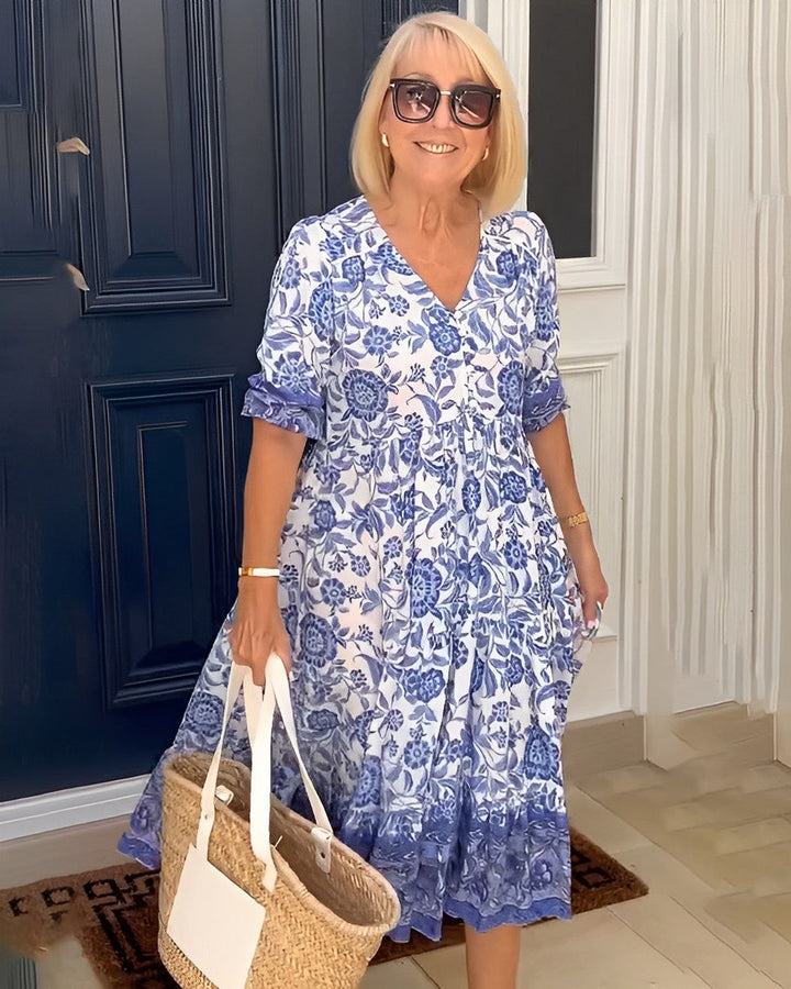 Keisha Elegant Floral V-Neck Midi Dress