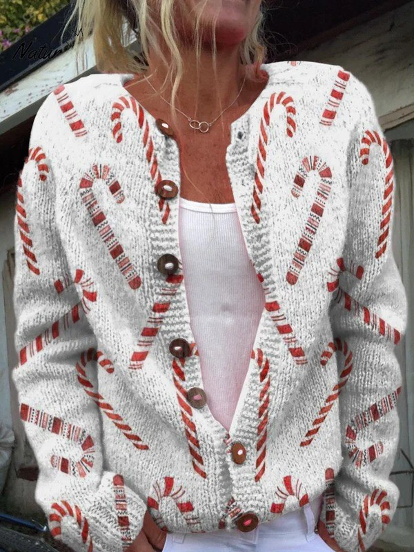 Festive Candy Cane Pattern Button-Up Knit Cardigan Sweater