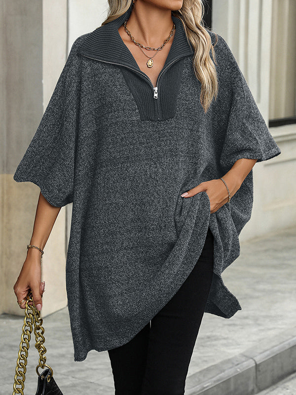 Olivia Zip Collar Knit Sweater Poncho