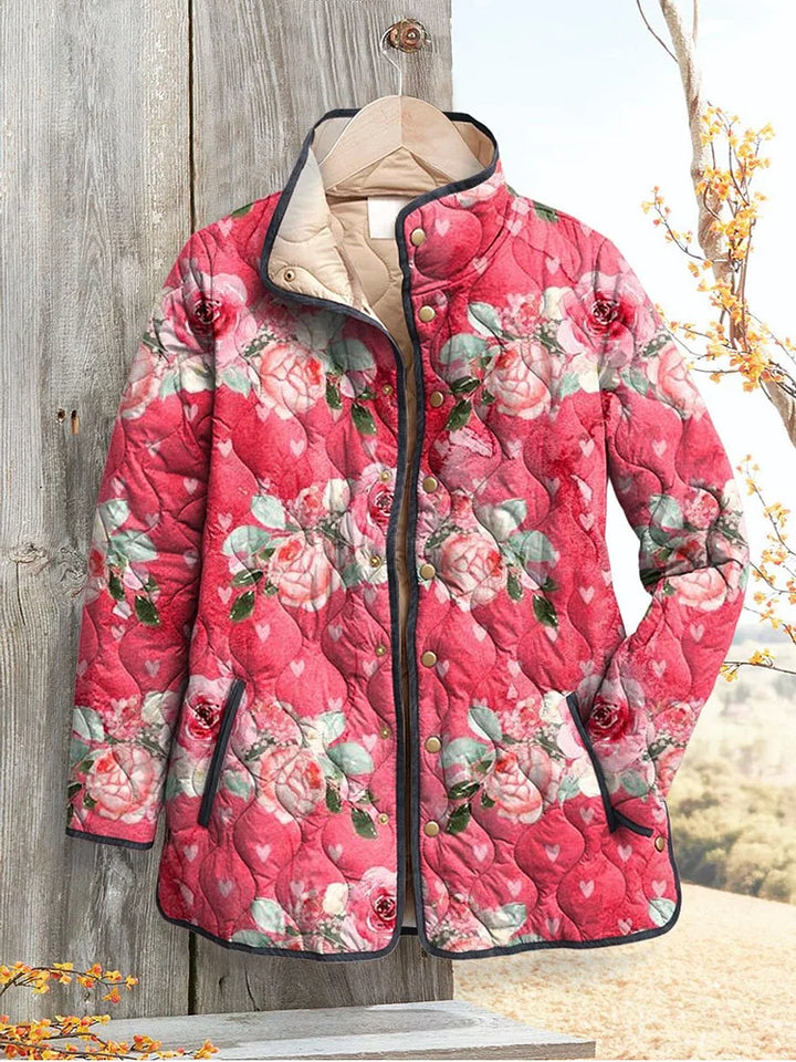 Delightful Pink Floral Quilted Jacket for Women