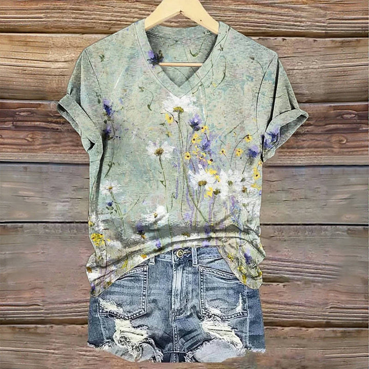 Daisy Soft Breezy Wildflower V-Neck Blouse