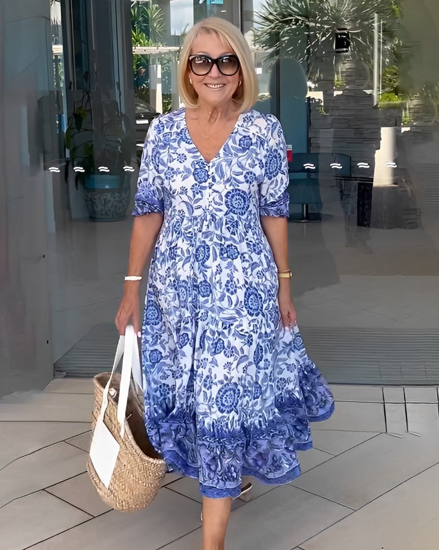 Keisha Elegant Floral V-Neck Midi Dress