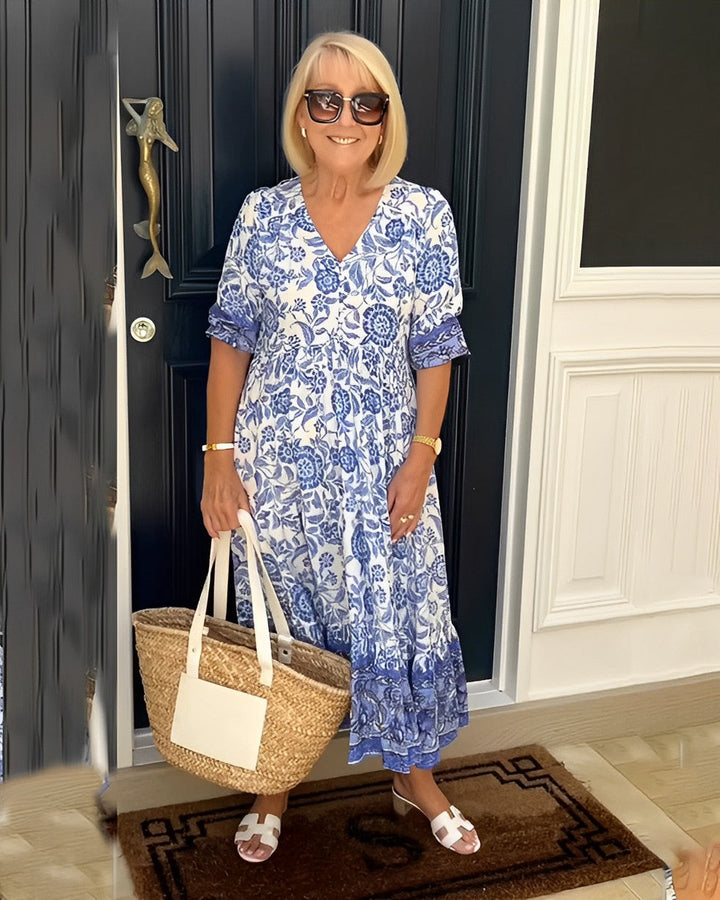 Keisha Elegant Floral V-Neck Midi Dress