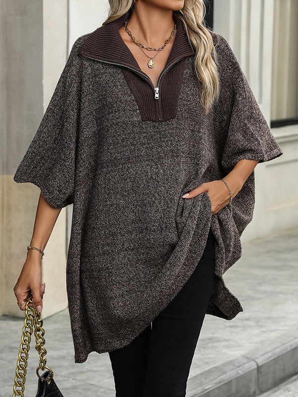 Olivia Zip Collar Knit Sweater Poncho