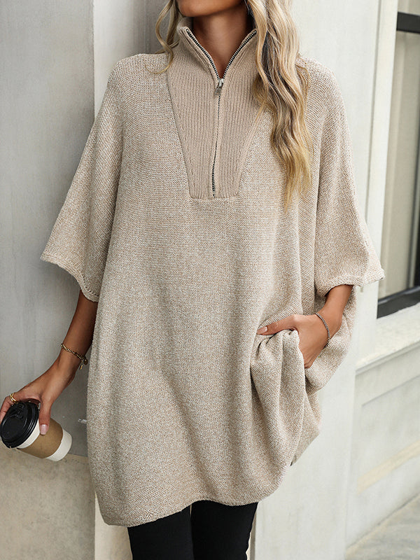 Olivia Zip Collar Knit Sweater Poncho